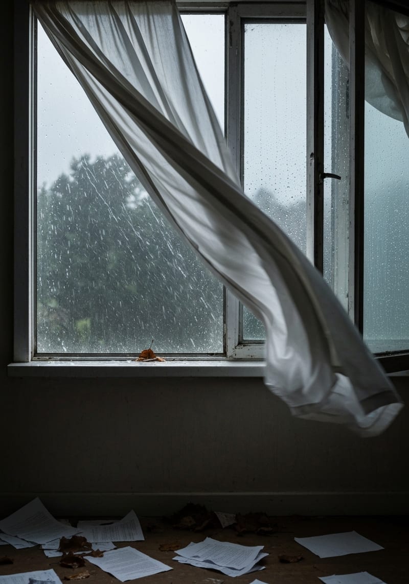 Janela sem vedação aberta e danificada pela força do vento durante tempestade