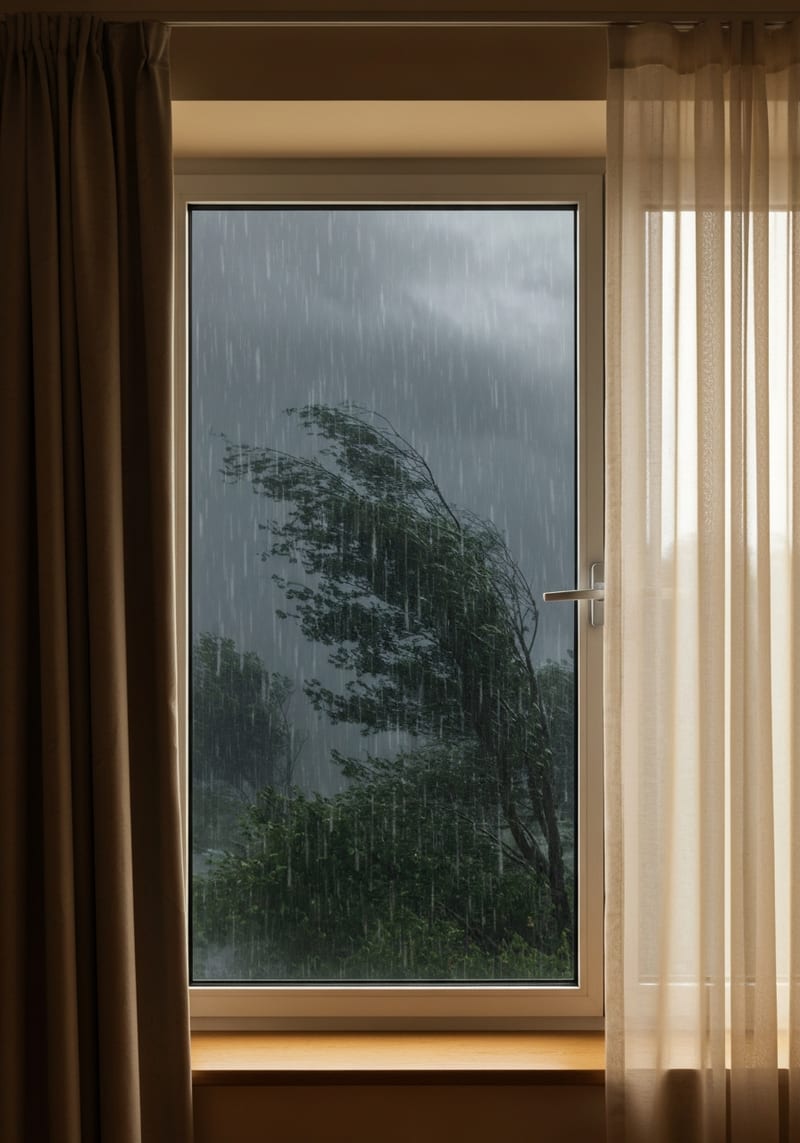 Janela vedada firme e protegida durante tempestade com ventos fortes